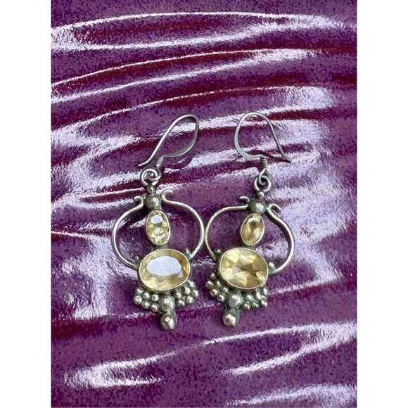 Vintage Yellow CITRINE Dangle / Drop Earrings in 925 Sterling Silver - Picture 4 of 10
